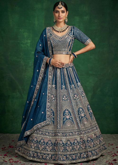 Teal Blue Satin Lehenga Choli With Sequins Handwork