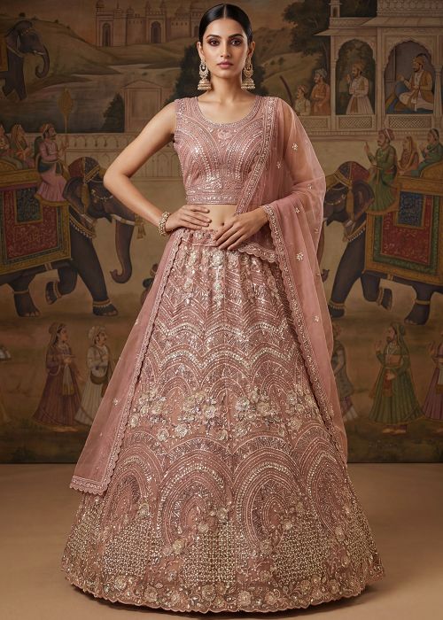 Dusty Pink Net Lehenga Choli With Sequins Embroidery