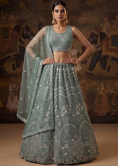 Blue Net Lehenga Choli With Floral Embroidery