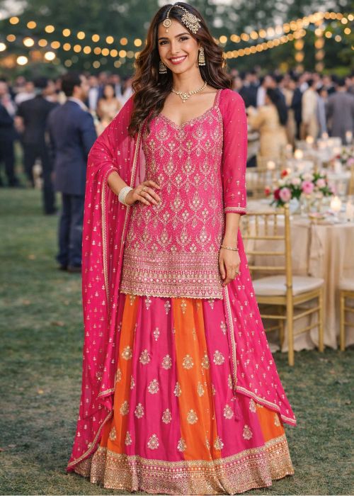 Pink Georgette Kurti Style Lehenga With Stone Work