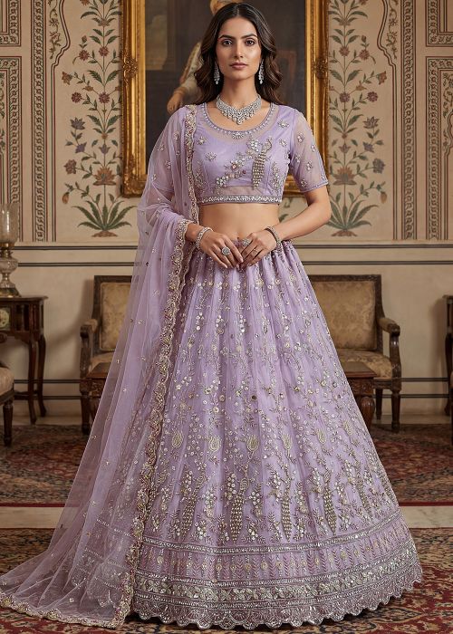 Lavender Net Lehenga Choli With Bead Embroidery