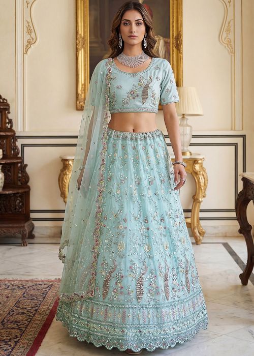 Sky Blue Net Lehenga Choli With Sequin Work