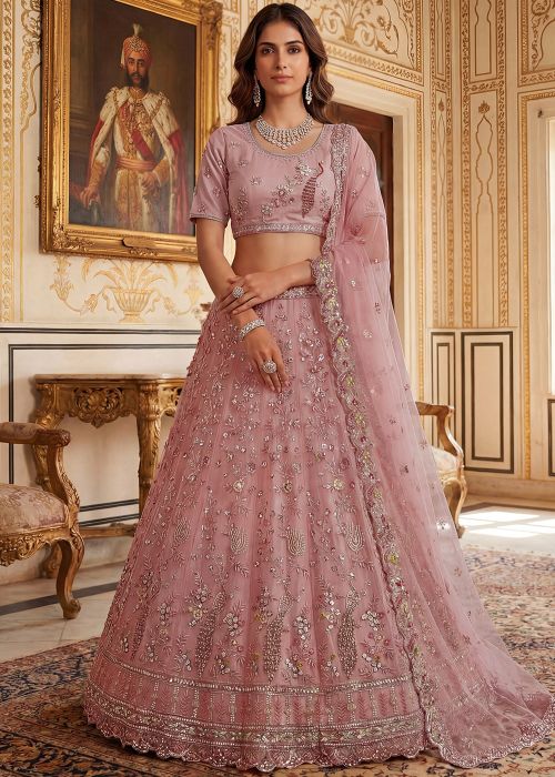 Dusty Pink Net Lehenga Choli With Handwork