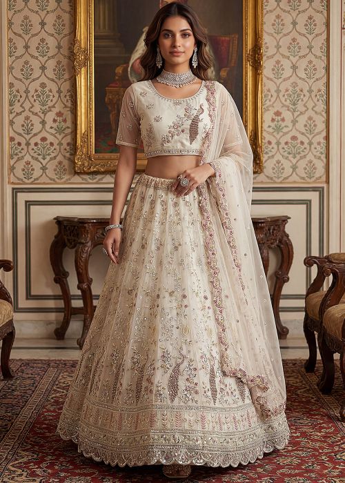 White Net Lehenga Choli With Mirror Embroidery