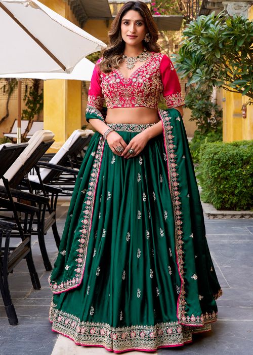 Green Satin Lehenga With Pink Embroidered Choli