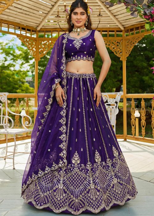 Purple Satin Lehenga Choli With Cutbeads Work
