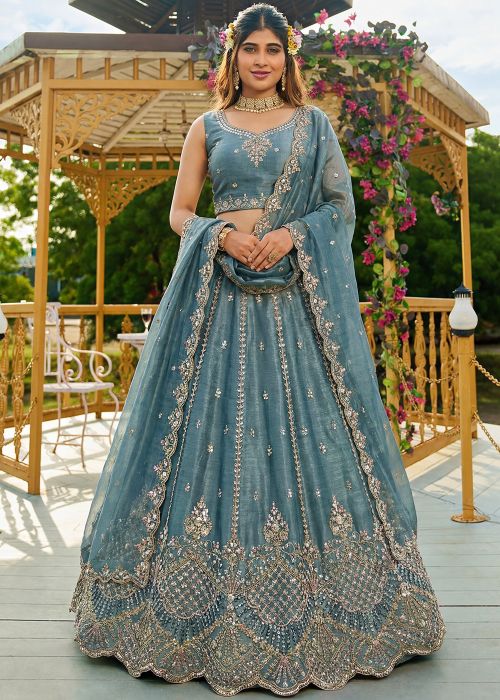 Blue Satin Lehenga Choli With Thread Embroidery