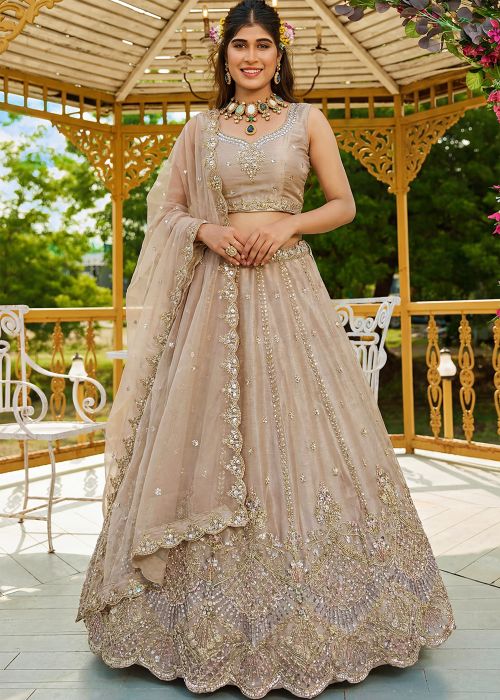 Beige Satin Lehenga Choli With Dori Embroidery