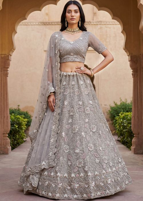 Grey Net Lehenga Choli With Stone Embroidery
