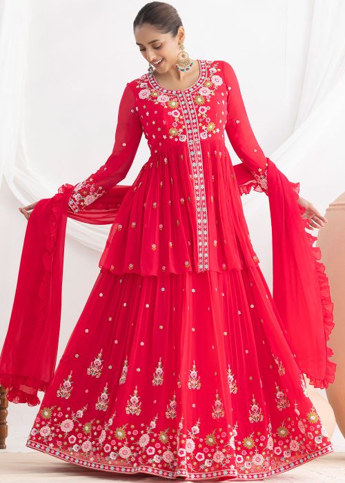 Red Georgette Kurti Lehenga With Floral Embroidery