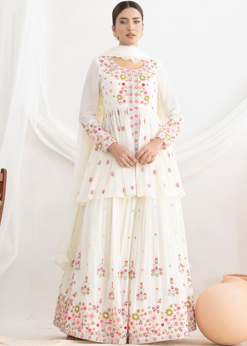 White Georgette Kurti Lehenga With Resham Work