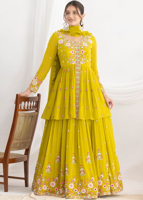 Yellow Georgette Kurti Lehenga With Embroidery
