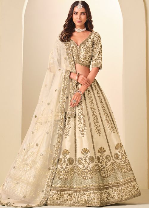 Cream Art Silk Lehenga Choli With Antique Embroidery
