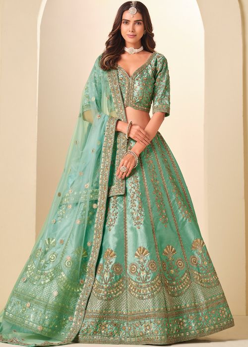 Turquoise Art Silk Lehenga Choli With Zari Motifs