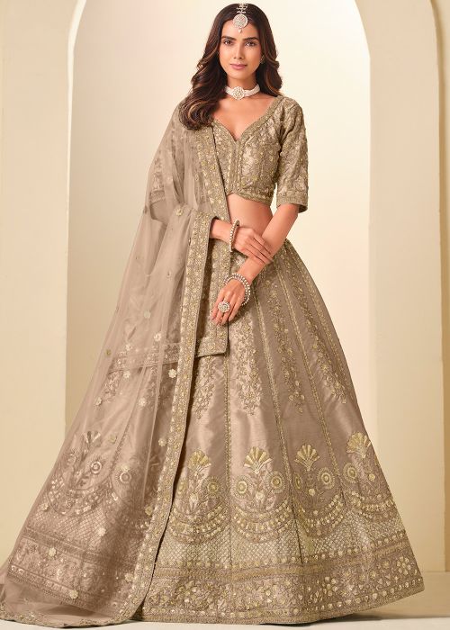 Beige Art Silk Lehenga Choli With Gold Zari Border