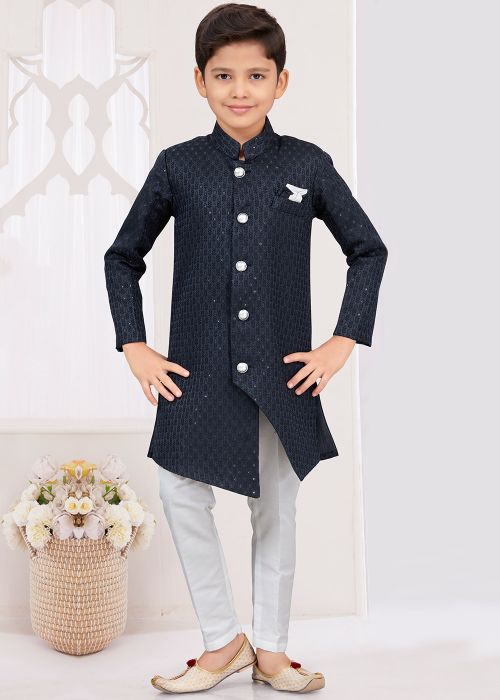 Readymade Navy Blue Embroidered Kids Indo Western Sherwani