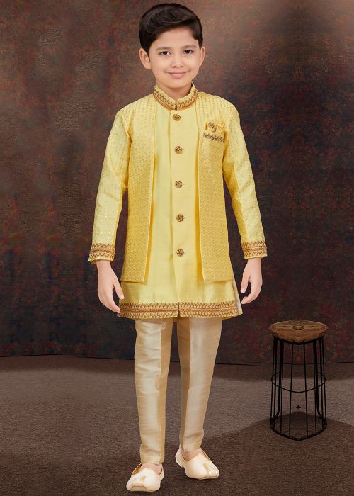 Yellow Kids Readymade Embroidered Indo Western Sherwani