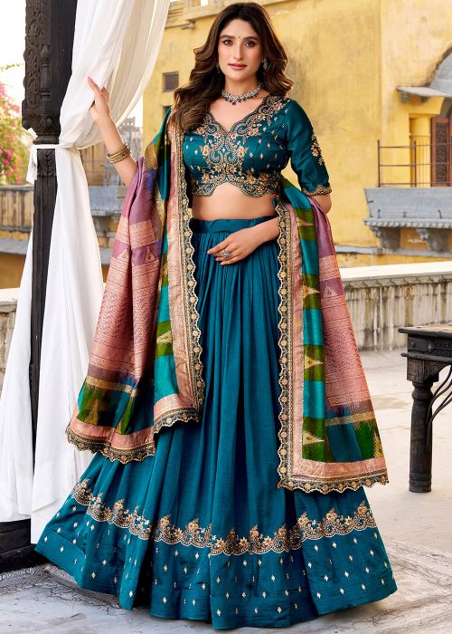 Teal Blue Art Silk Lehenga Choli With Gold Embroidery