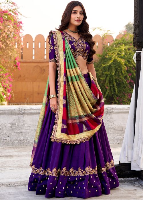 Purple Art Silk Lehenga Choli With Embroidered Border