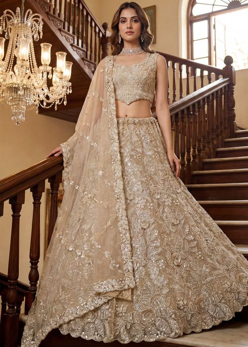 Beige Net Lehenga Choli With Elegant Sequins