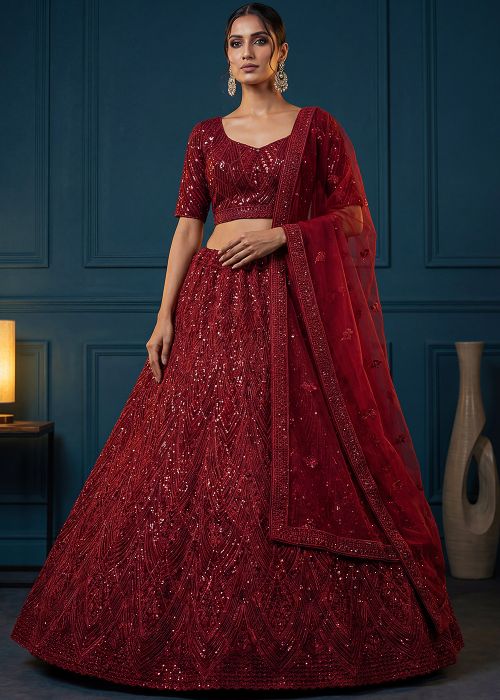Maroon Net Lehenga Choli With Dori Embroidery