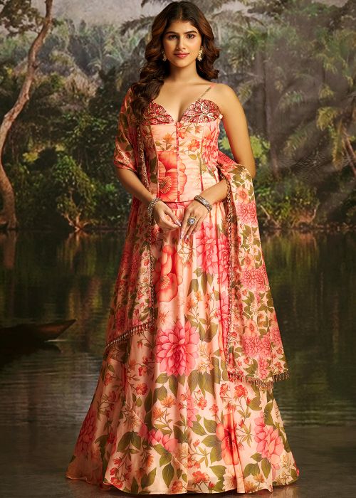 Peach Georgette Lehenga With Floral Print Corset