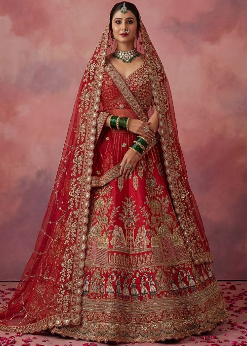 Red Silk Bridal Lehenga Choli With Double Dupattas