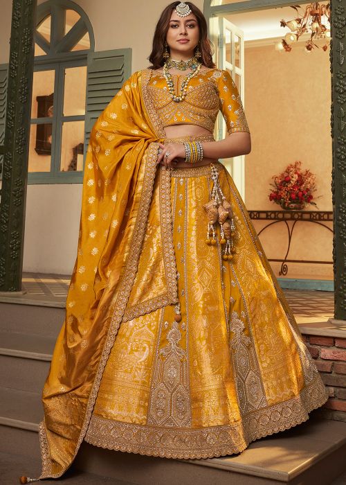 Mustard Yellow Banarasi Silk Lehenga Choli With Woven Detailing