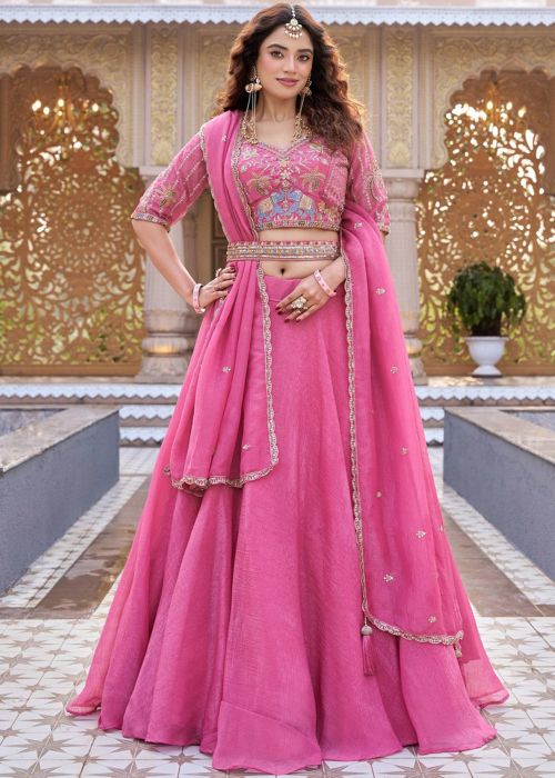 Pink Art Silk Lehenga Choli With Beads Embroidery