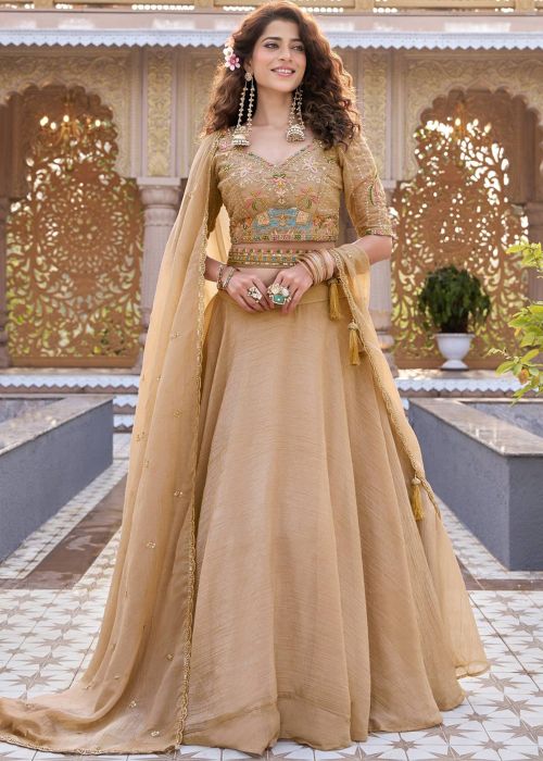 Brown Art Silk Lehenga Choli With Thread Embroidery
