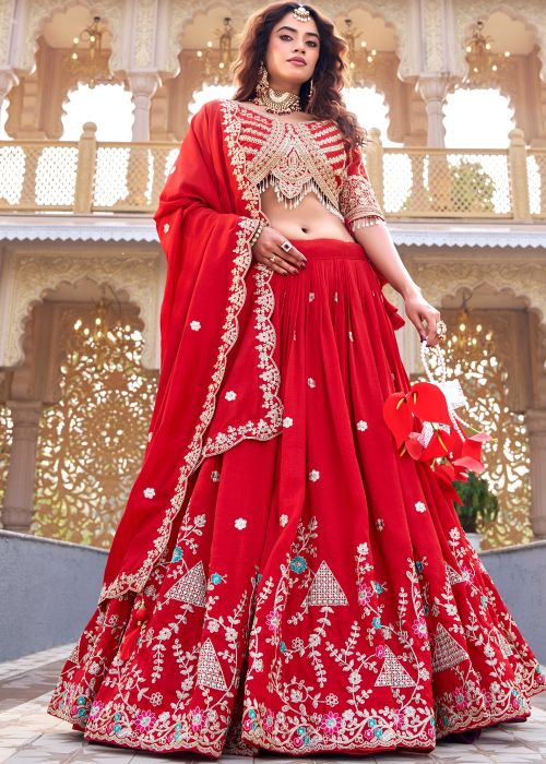 Red Art Silk Lehenga Choli With Heavy Embroidery