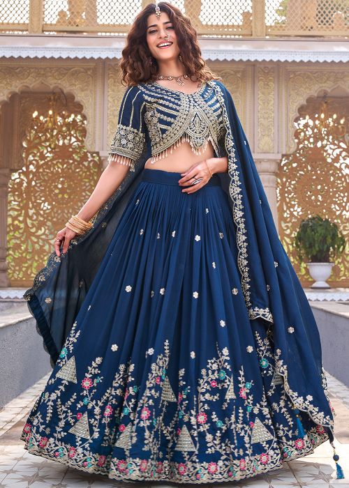 Navy Blue Art Silk Lehenga Choli With Dori Embroidery