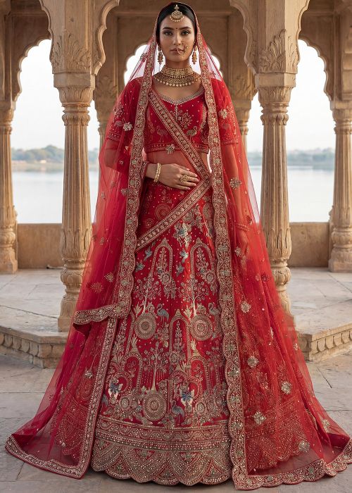 Red Silk Bridal Lehenga Choli With Royal Zari Motifs