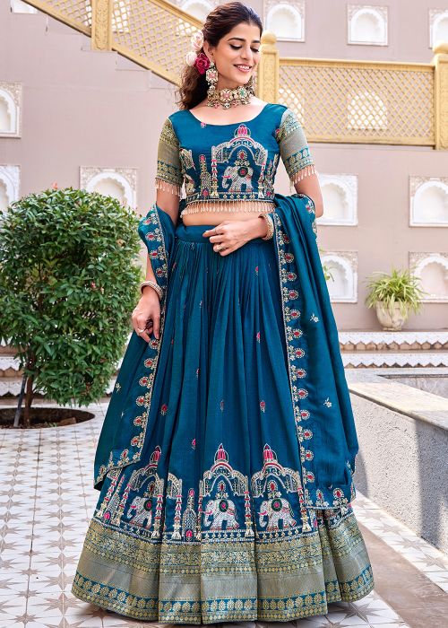 Teal Blue Lehenga Choli With Woven Border