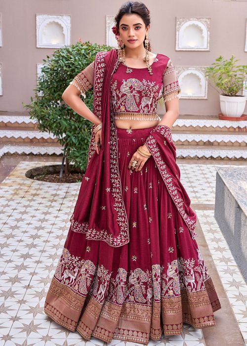 Maroon Art Silk Lehenga Choli With Heritage Motifs