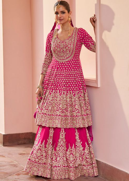Pink Georgette Kurti Lehenga With Zari Work