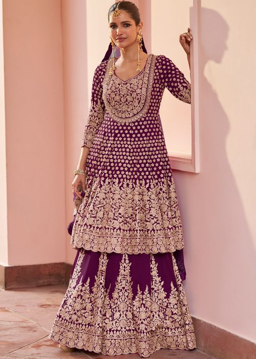 Purple Georgette Kurti Lehenga With Zari Embroidery