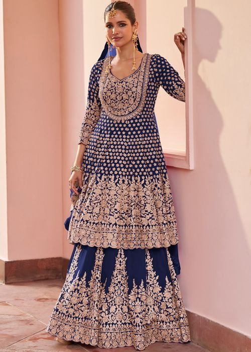 Navy Blue Georgette Kurti Lehenga With Zari