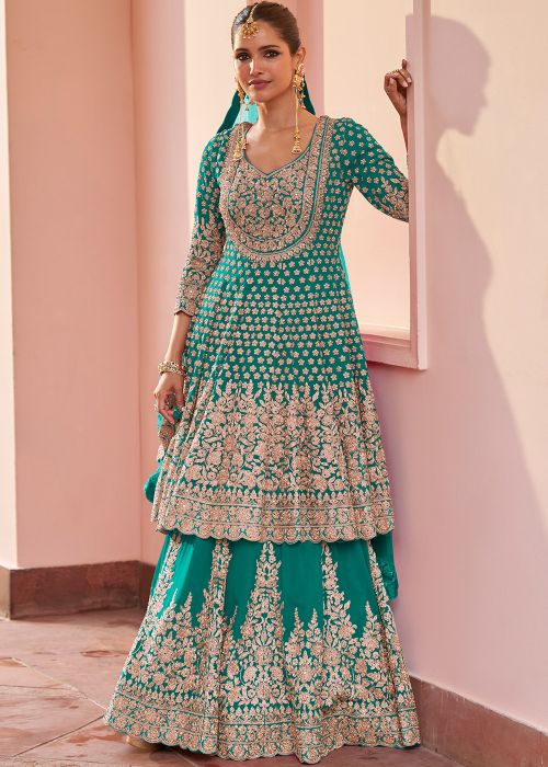 Turquoise Georgette Kurti Lehenga With Zari Detail