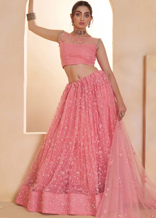 Pink Net Lehenga Choli With Sequin Work
