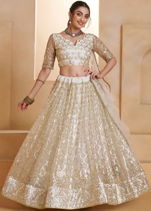 Off White Net Lehenga Choli With Sequin Embroidery