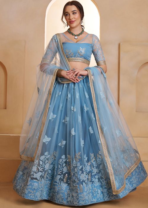 Blue Net Lehenga Choli With Floral Thread