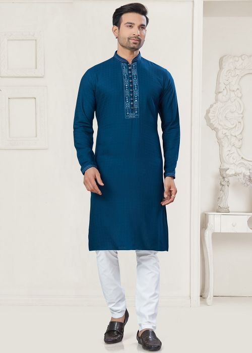 Teal Blue Men Kurta Pajama In Cotton