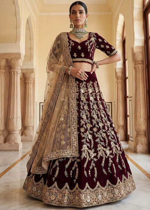 Maroon Velvet Bridal Lehenga Choli With Zari Embroidery
