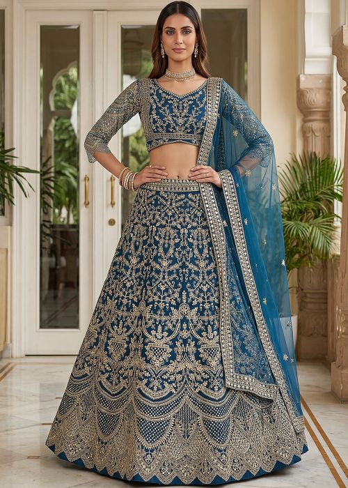 Teal Blue Net Lehenga Choli With Dori Embroidery