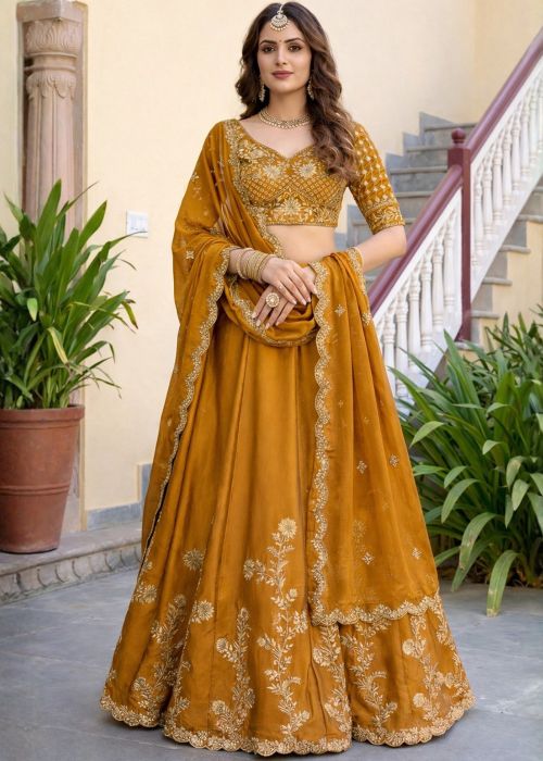 Mustard Yellow Art Silk Lehenga With Zari Work