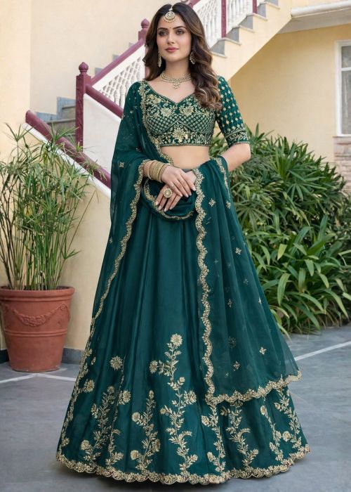Teal Blue Art Silk Lehenga Choli With Zari Work