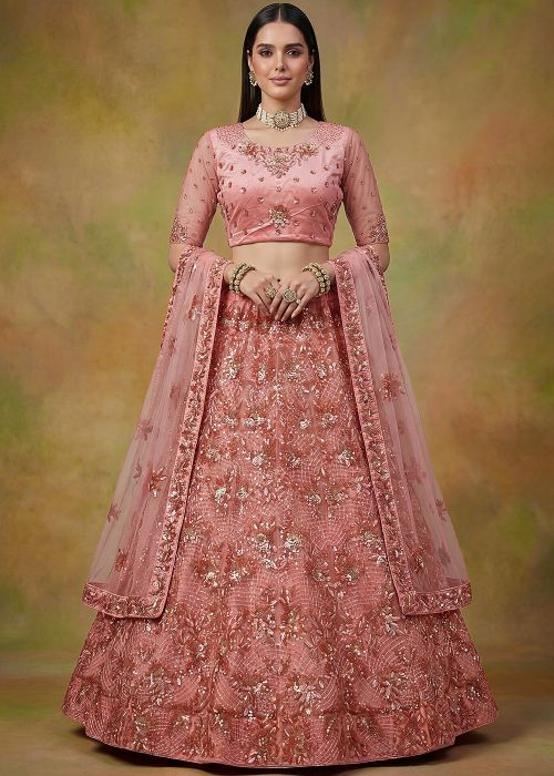 Dusty Pink Net Lehenga Choli With Floral Sequins