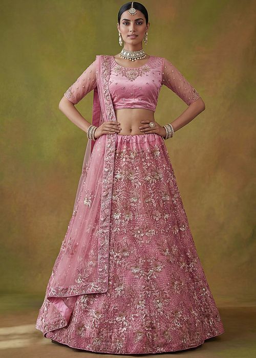 Pink Net Lehenga Choli With Floral Sequin Work