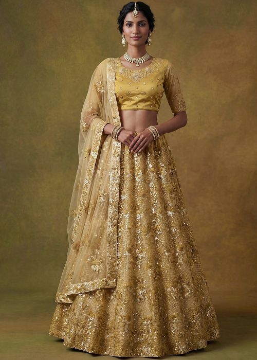 Golden Net Lehenga Choli With Sequin Embroidery